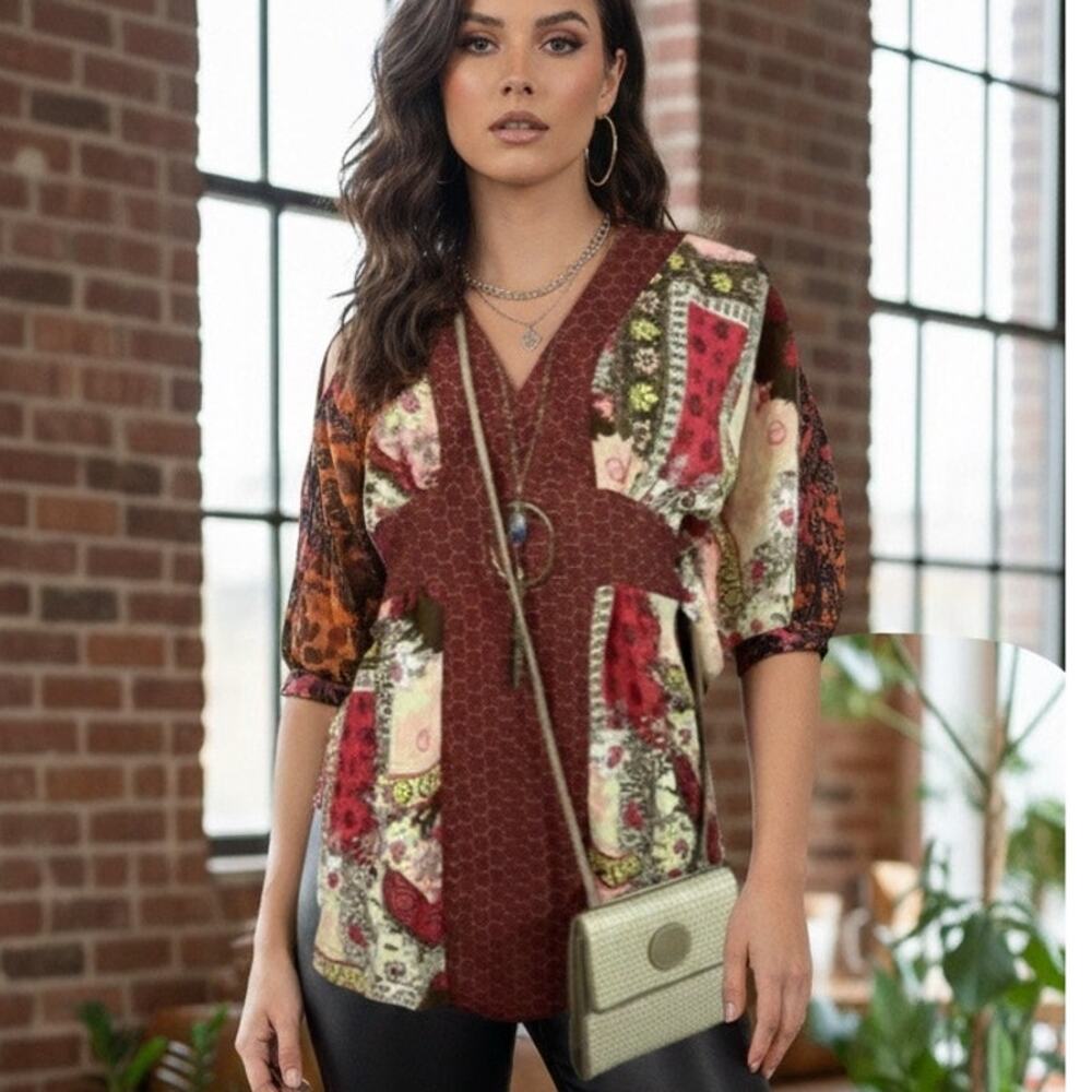 Vintage Faded Glory Y2K Boho Hippie Kaftan Style Patchwork Blouse